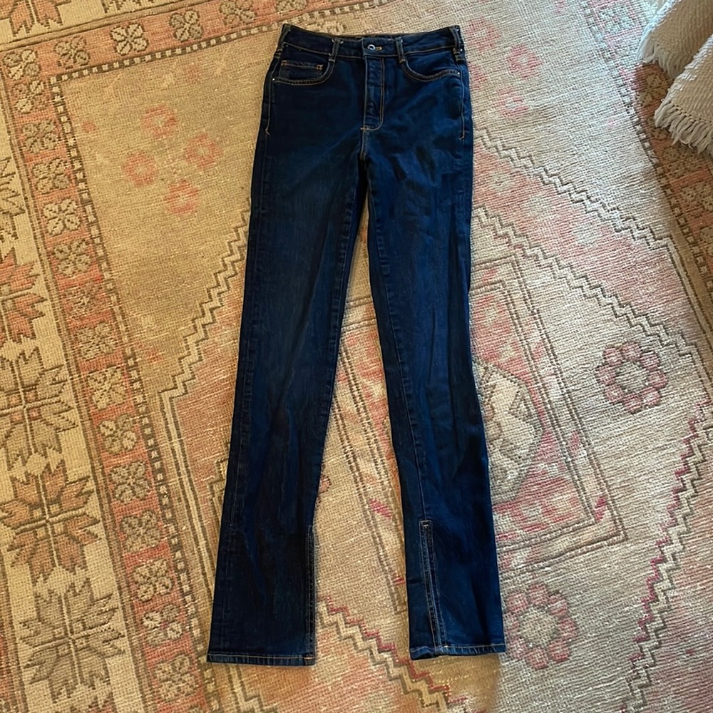 Anthropologie brand super high rise dark split flare jeans